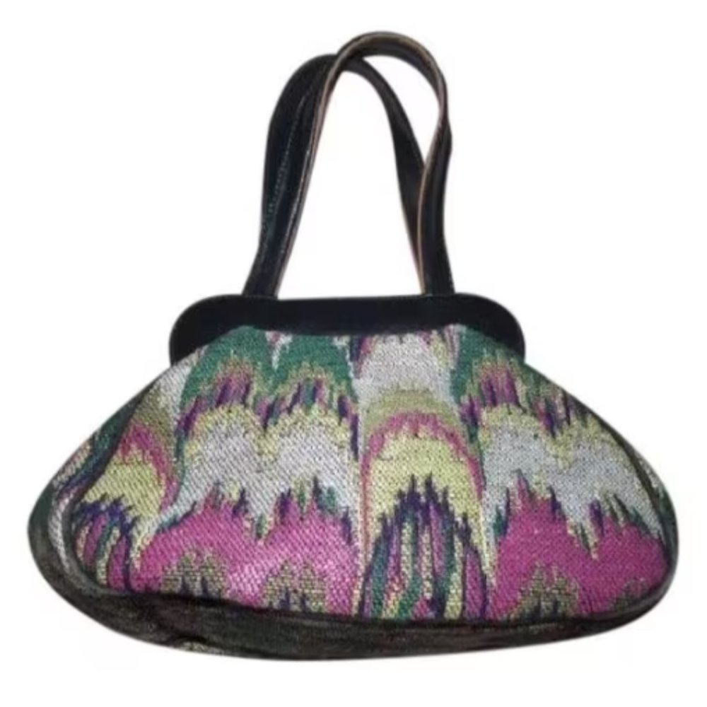 Missoni Vintage Navy Blue Leather and Multi-color Chevron Print Fabric